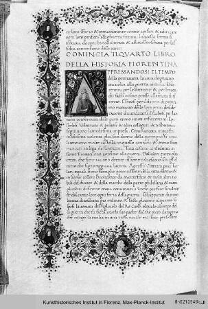 Leonardo Bruni: Historia Fiorentina : Bildseite mit Text, Bordürenrahmen, figürlichen Medaillons sowie historisierter Initiale A(ppressandosi)