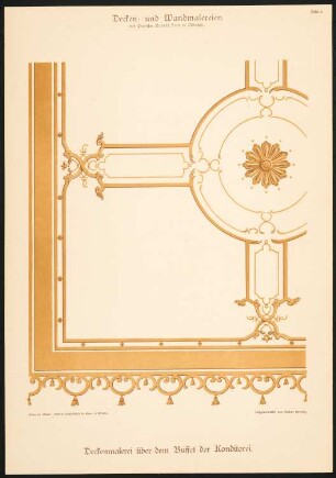 Decken- und Wandmalereien ausgeführt in der Deutsch-Nationalen Kunstgewerbe-Ausstellung München 1888 (Verlag Callwey, 17 Tafeln in Farbendruck, aufgenommen von Stefan Herweg, hrsg. von Friedrich Nauert): Tafel 9: Wandschmuck über dem Buffet der Konditorei