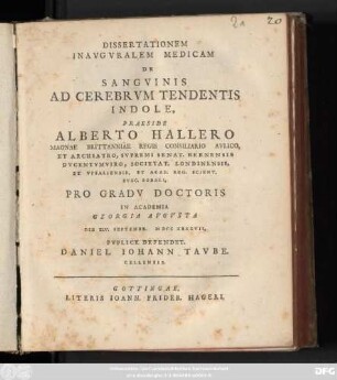 Dissertationem Inavgvralem Medicam De Sangvinis Ad Cerebrvm Tendentis Indole