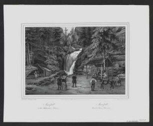 Ansicht vom Amselfall in der Sächsischen Schweiz, Lithographie, um 1840 : Amselfall in der Sächsischen Schweiz = Amselfall dans la Suisse Saxonne / N. d. Natur u. auf Stein gez. v. Lütke. - Berlin : Schroeder ; Berlin : Königl. Lith. Institut , [um 1840?]. - 1 Kunstbl. : Lithographie ; 22 x 15 cm