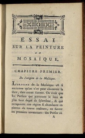 Chapitre Premier. De l'origine de la Mosaïque