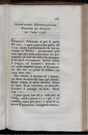 Osservazioni Meteorologiche Mediche ed Agrarie per l´anno 1796.