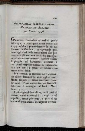 Osservazioni Meteorologiche Mediche ed Agrarie per l´anno 1796.