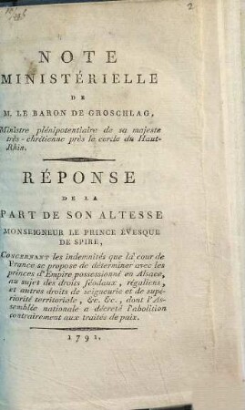 Note ministérielle de M. le baron de Groschlag, ...