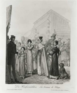 Die Harfenmädchen : Opiz, Georg Emanuel: Die Harfenmädchen. Aus: Leipziger Messe, Heft 2. Stich, koloriert; 28 x 24 cm. 1825. Leipzig: Stadtgeschichtliches Museum XV B KK 35