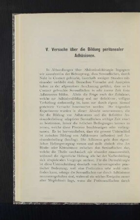 V. Versuche über die Bildung peritonealer Adhäsionen.