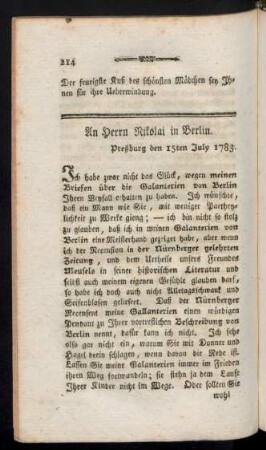 An Herrn Nikolai in Berlin. Preßburg den 15ten July 1783