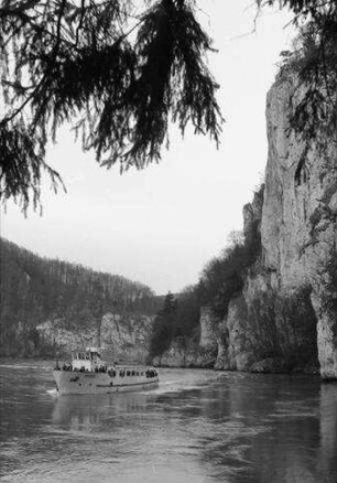 Weltenburg: Donaudurchbruch mit ankommendem Schiff, Vordergrund Äste