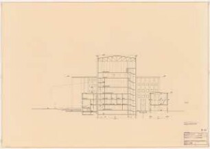 Kammerspiele (später: Schauspielhaus), Bochum: Querschnitt Schauspielhaus mit Südostansicht 1:100
