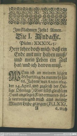 Die I. Andacht. Psalm XXXIX, 5