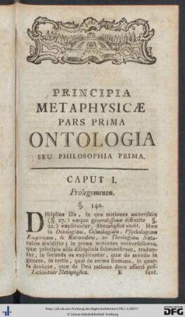 Principia Metaphysicae Pars Prima. Ontologia.