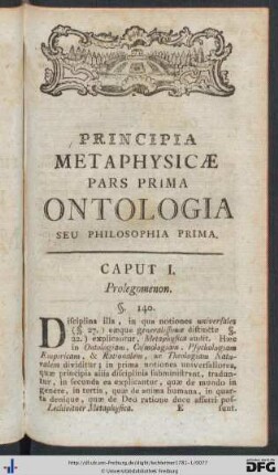 Principia Metaphysicae Pars Prima. Ontologia.
