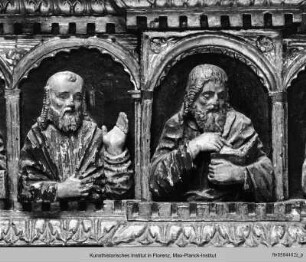 Die Anbetung des Christuskindes mit dem Heiligen Georg, dem Heiligen Antonius Abbas, dem Heiligen Gregor, dem Heiligen Jakob und dem Schmerzensmann : Christus mit den zwölf Aposteln