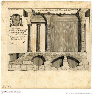 Granara, Giovanni Stefano: Storia romana opera postuma del padre Gianstefano Granara (...) illustrata con piu rami, (...). Tomo primo. Governo de' re. In Roma: per gli eredi Barbiellini (...), 1758. XI, [1], 274, [2] S., XI ill. Blätter.Rom, Tempio della Fortuna Virile (Tempio di Portunus; S. Maria Egiziaca), Grundriß - Rom, Facciata, e Profilo del Tempio della Fortuna Virile oggi S:ta M:a Egiziaca