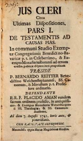 Jus Cleri Circa Ultimas Dispositiones : Pars I. De Testamentis Ad Causas Pias