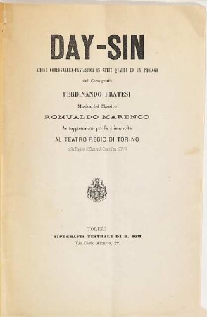 Day-Sin : azione coreografico-fantastica in sette quadri ed un prologo ; da rappresentarsi per la prima volta al Teatro Regio di Torino nella stagione di carnevale-quaresima 1878 - 79