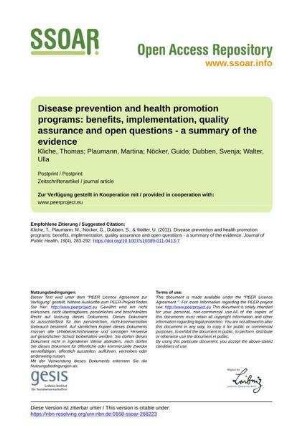 Disease prevention and health promotion programs: benefits, implementation, quality assurance and open questions - a summary of the evidence