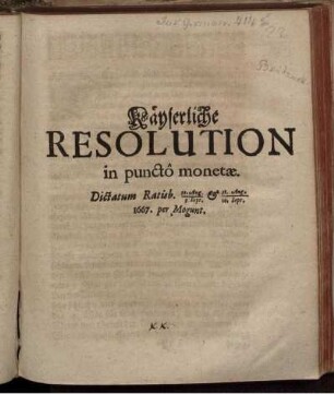 Käyserliche Resolution in puncto monetae