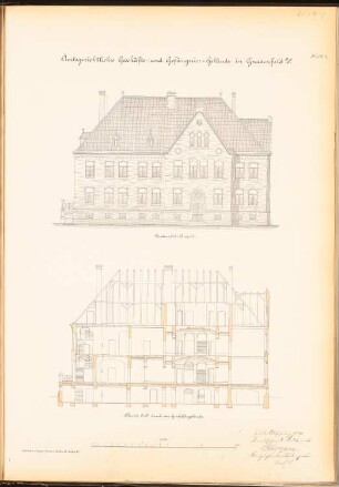 Amtsgericht und Gefängnis, Gnadenfeld: Vorderansicht, Schnitt 1:100