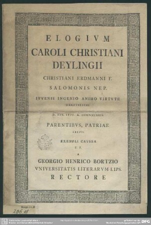 Elogium Caroli Christiani Deylingii : Christiani Erdmanni F. Salomonis Nep. ... D. XXX. Sept. A. MDCCLXXII ...
