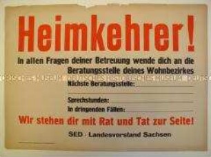 Blanko-Maueranschlag der SED Sachsen für Verzeichnis von Beratungsstellen für Kriegsheimkehrer