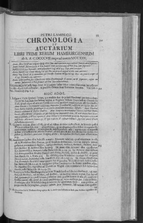 PETRI LAMBECII CHRONOLOGIA ET AUCTARIUM LIBRI PRIMI RERUM HAMBURGENSIUM ab A. AE. C. DCCCVIII. usque ad annum MCCXXV.
