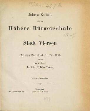 Jahres-Bericht über die Höhere Bürgerschule der Stadt Viersen : für das Schuljahr ..., 1877/78