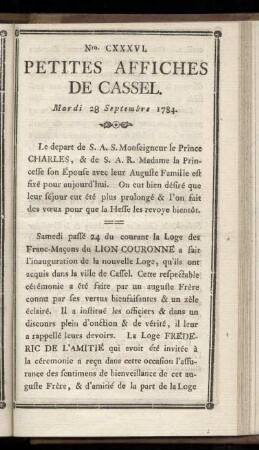 No CXXXVI (Mardi 28 Sepembre 1784)