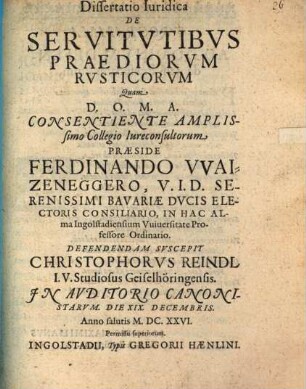 Dissertatio Iuridica De Servitutibus Praediorum Rusticorum