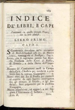 Indice De Libri, E Capi Contenuti in questo secondo Tomo, con la loro analisi. Libro Primo.