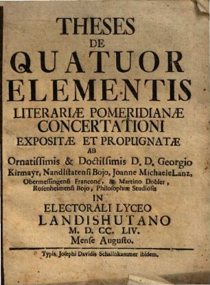 Theses De Quatuor Elementis Literariae Pomeridianae Concertationi