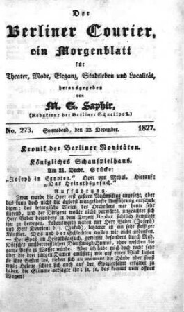 No. 273, Sonnabend, den 22. December 1827
