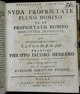 Dissertatio Ivridica De Nvda Proprietate Pleno Domino Vt Et Proprietatis Domino Servitvtem Imponente