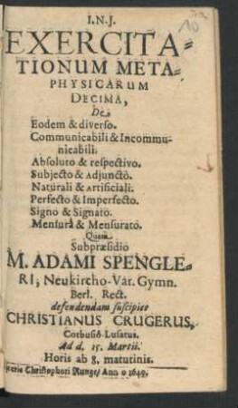 Exercitationum Metaphysicarum Decima, De Eodem & diverso. Communicabili Incommunicabili. Absoluto & respectivo. Subiecto & Adiuncto. Naturali &Artificiali. Perfecto & Imperfecto. Signo & Signato. Mensura & Mensurato
