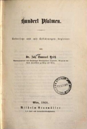 Hundert Psalmen : übersetzt und mit Erklärungen begleitet