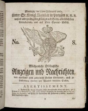 No. 8. Montags, den 22ten Februarii 1762.