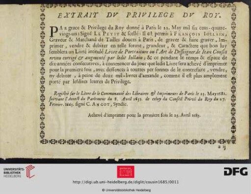Extrait du privilege du roy