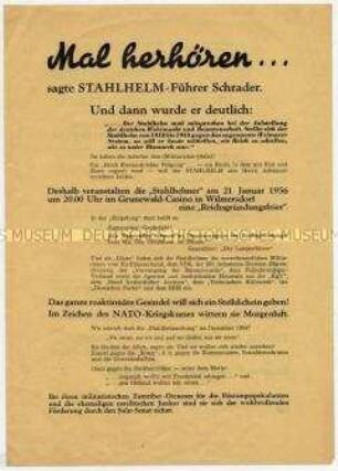 Agitationsblatt der SED an Westberliner Arbeiter, DGB und SPD für Stahlhelm-Verbot, gegen NATO und Militarismus, anlässlich der geplanten Reichsgründungsfeier des Verbandes in Berlin-Wilmersdorf