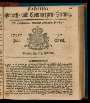 9tes Stück, Montag den 27ten Februar. 1792