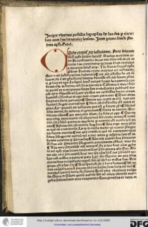 Incipit ulterius postilla super epistolas de sanctis per circulum anni secundum litteralem sensum. Item primo sancti Andree apostoli, Ro x.