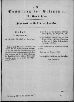 Sammlung von Gesetzen cc. für Kurhessen, Jahr 1866, Nr. XIX, November