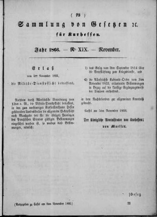 Sammlung von Gesetzen cc. für Kurhessen, Jahr 1866, Nr. XIX, November