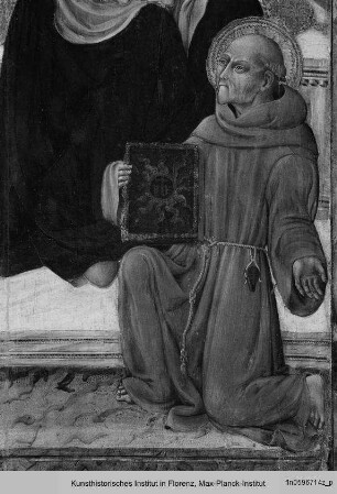 Thronende Madonna mit dem Kind, mit dem Heiligen Bernhard von Siena, dem Heiligen Sebastian und dem Heiligen Fabian : Thronende Madonna mit dem Kind
