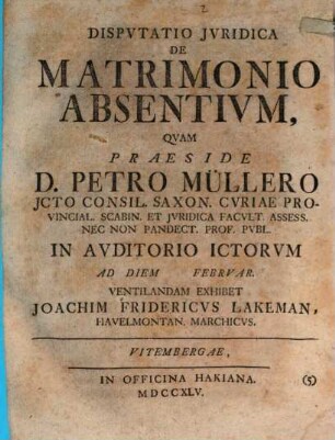Disp. iur. de matrimonio absentium