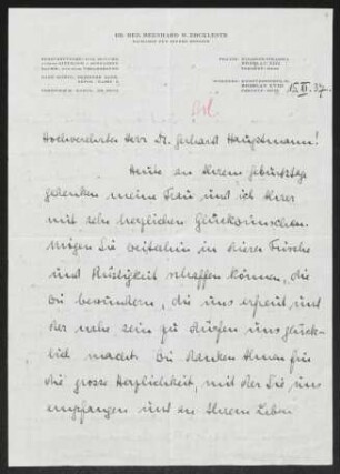 Brief von Bernhard Ercklentz an Gerhart Hauptmann