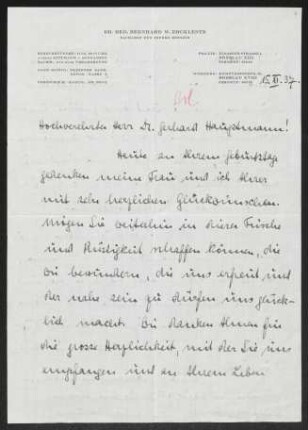 Brief von Bernhard Ercklentz an Gerhart Hauptmann