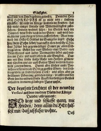 [...] Der begehrte Leichtext ist der neundte Versicul auß dem vierdten Psalm des König Davids/ also lautend: