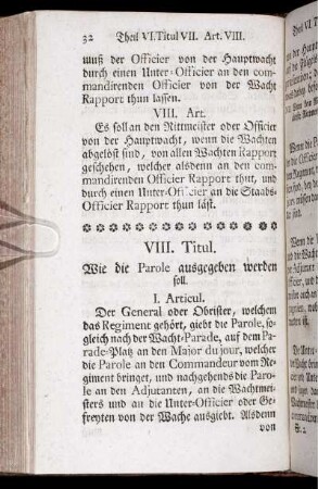 VIII. Titul. Wie die Parole ausgegeben werden soll.