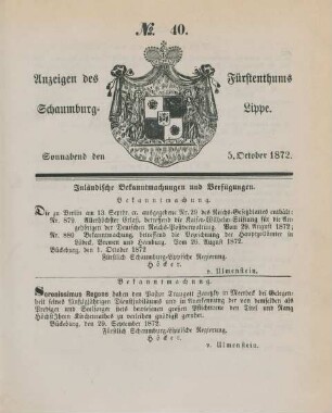 1872,40/52: Anzeigen des Fürstenthums Schaumburg-Lippe