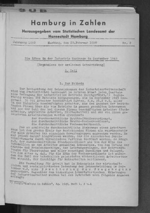 Die Löhne in der Industrie Hamburgs im September 1949 : Ergebnisse der amtlichen Lohnerhebung